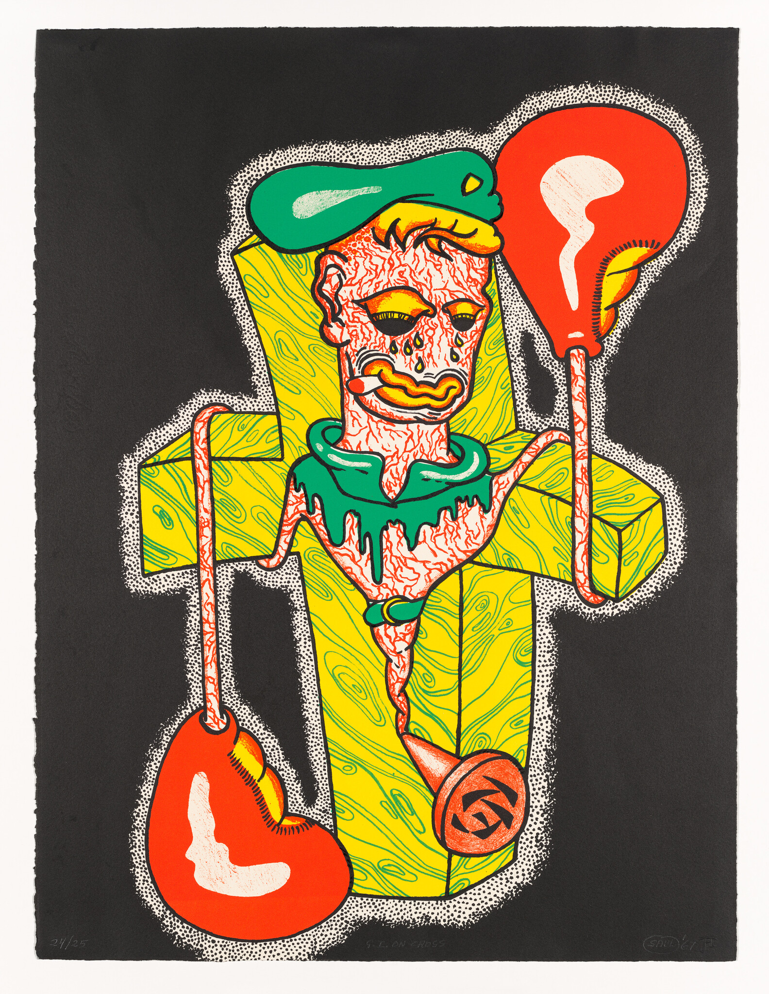 A dripping surreal clown-like figure with a green beret hangs red balloons from its arms on a yellow cross.