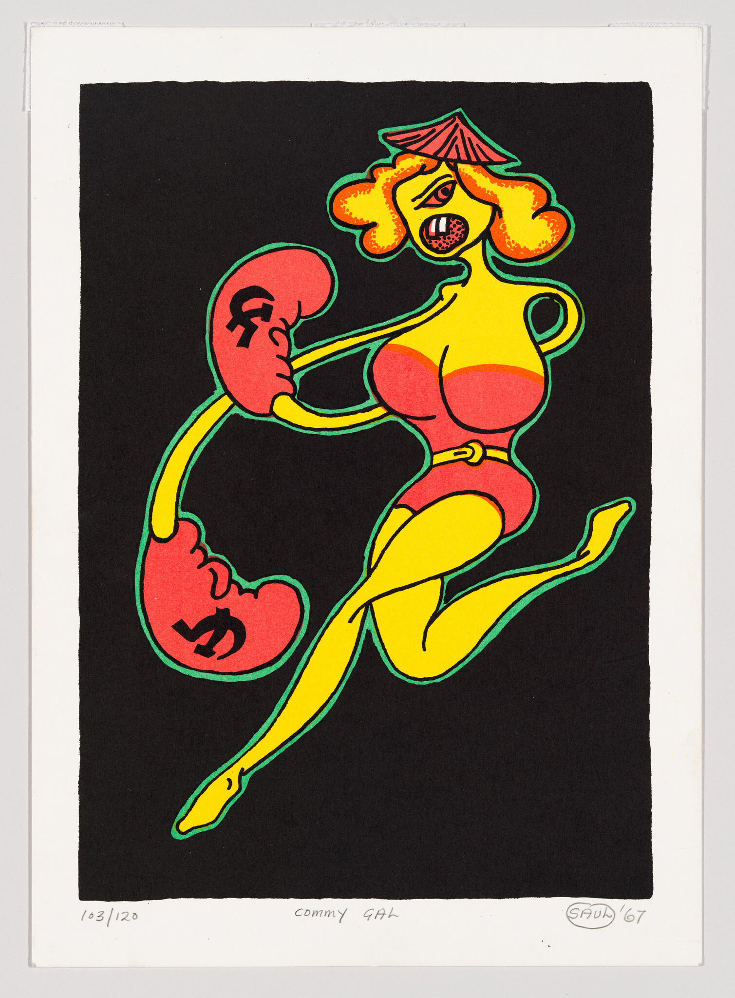 Yellow stylized woman in pink swimsuit and oversized boxing gloves leaping against a black background.