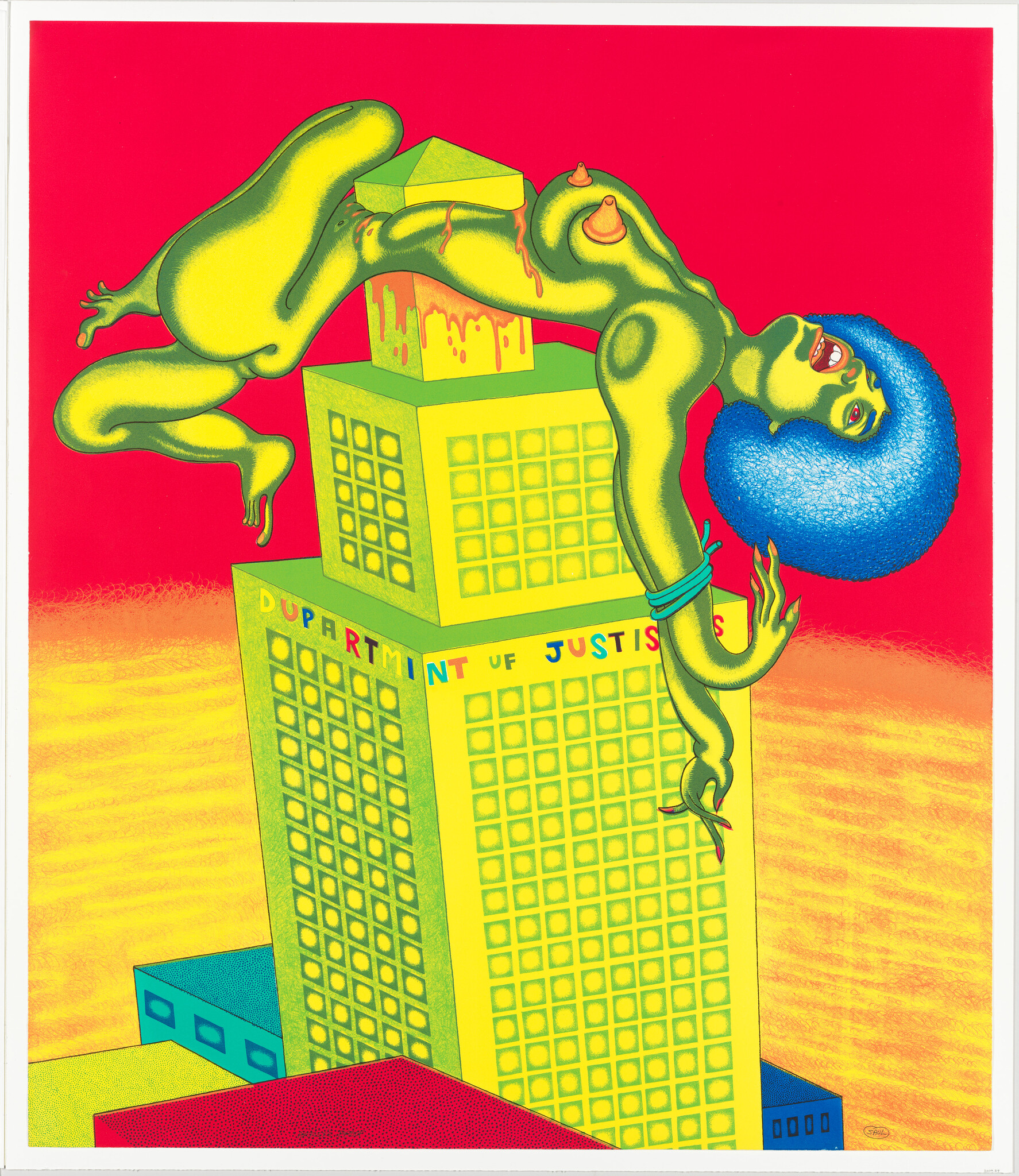 A green nude figure sprawled across a tall Department of Justice building under a bright red sky.