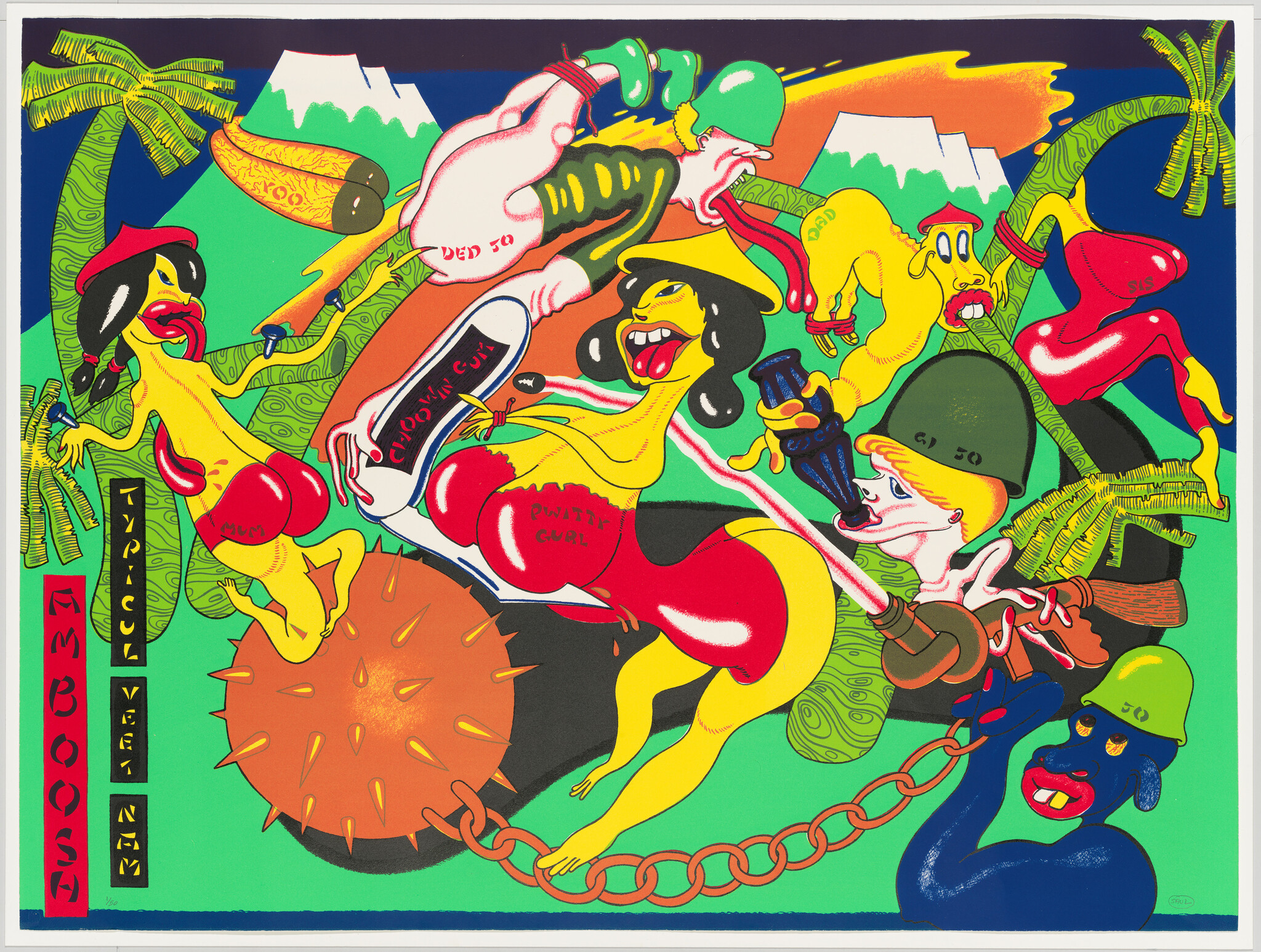 Several surreal cartoon figures wearing helmets pull a chained spiked ball in a tropical scene.