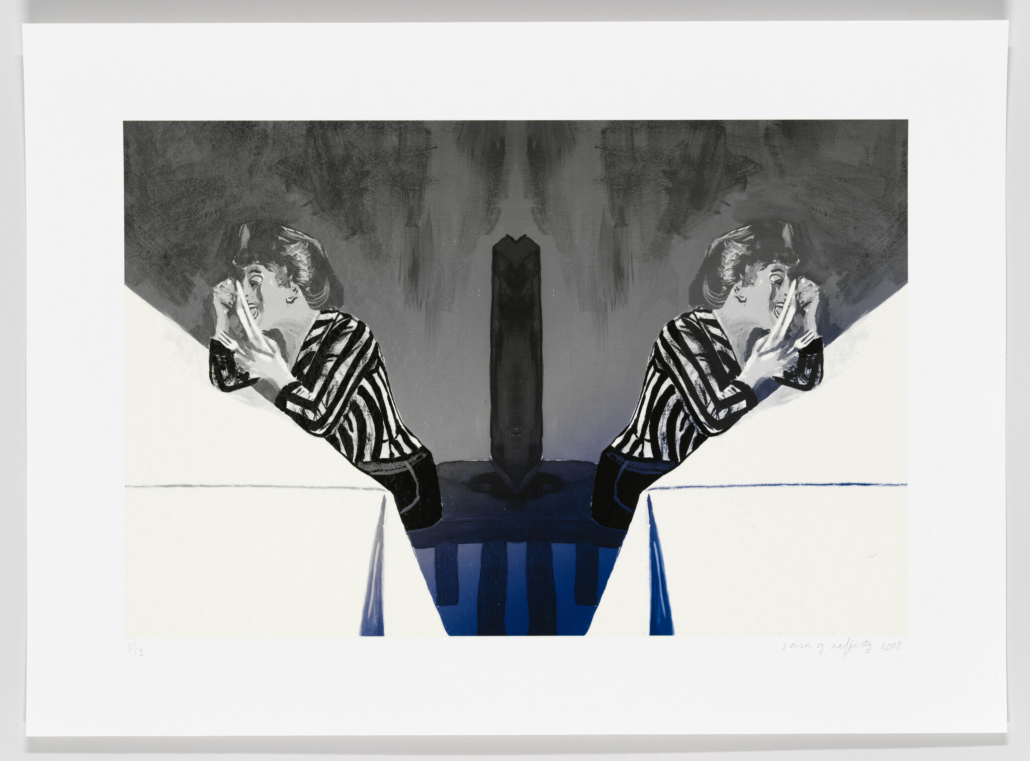 A mirrored woman in a striped shirt leans over a table, wiping her face with a cloth.