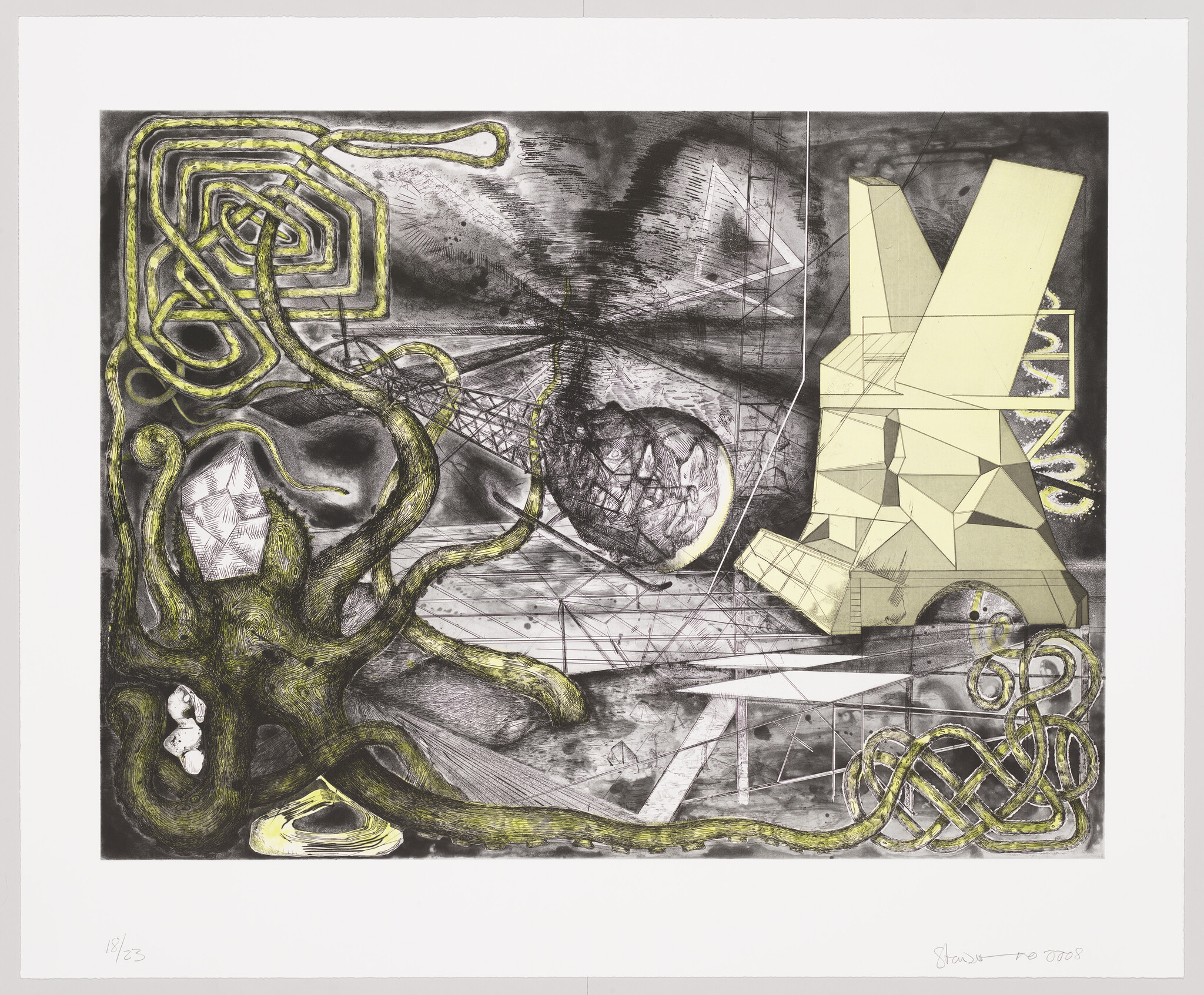 A tangled green vine wraps around a central cracked orb next to a faceted yellow geometric structure.