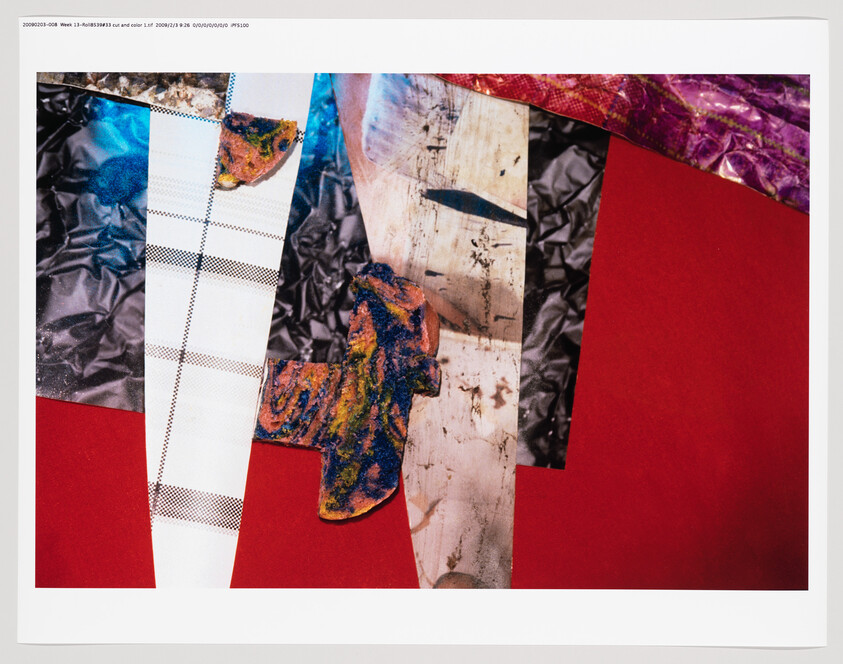 Collage of patterned paper strips and a colorful textured cross shape on a red background.