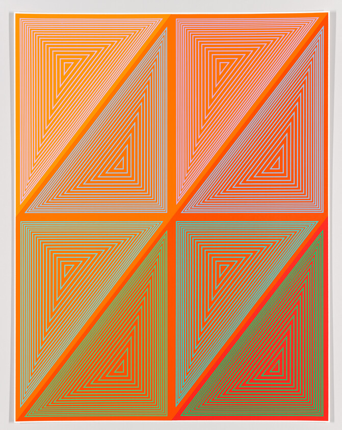 Four diagonally divided square panels filled with concentric triangular lines in orange, red, and teal.