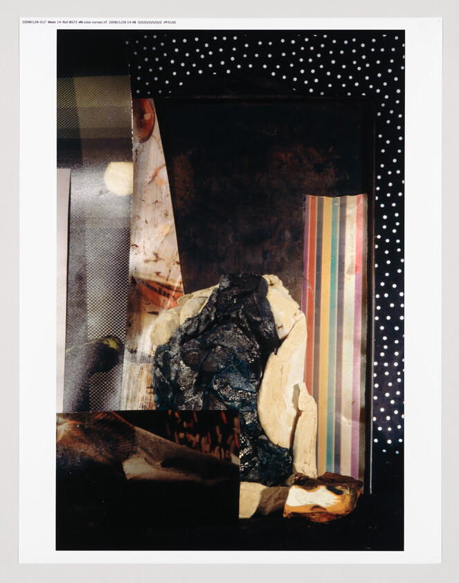 A collage featuring various textures and patterns with a dominant central piece that appears to be a crumpled and textured material, surrounded by images and elements including polka dots, stripes, and photographic fragments. The overall composition is abstract with a mix of organic and geometric shapes.