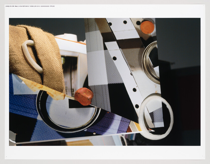 A collage of various objects and patterns including a burlap sack, geometric shapes, and circular elements that resemble parts of machinery or lenses, presented in a chaotic yet visually intriguing composition.