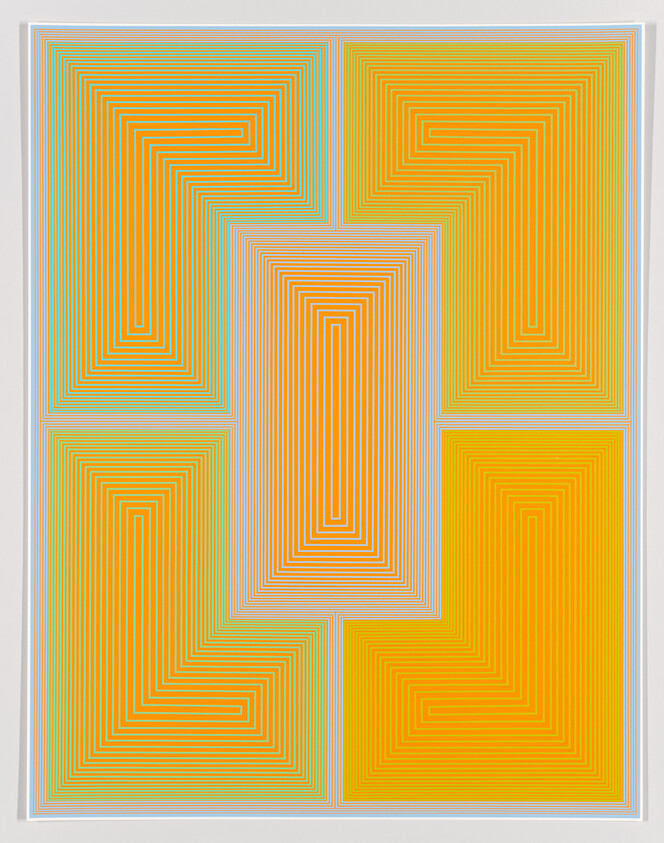 Six adjoining panels of concentric yellow-orange rectangles with fine pastel outlines creating geometric pattern.