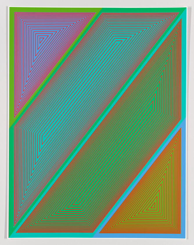 Colorful geometric print with diagonal bands of nested triangular lines creating an optical pattern.