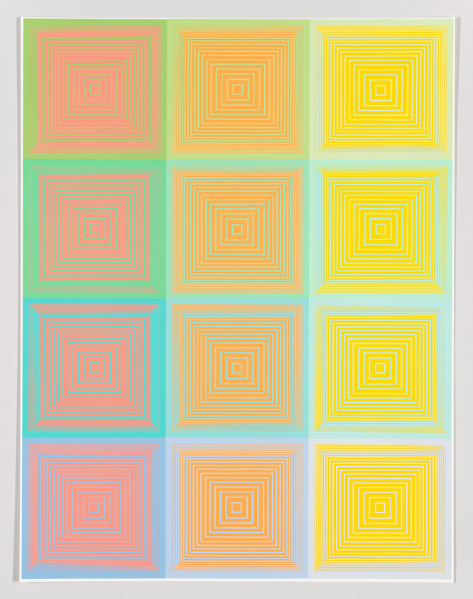 Twelve pastel squares arranged in a grid, each containing concentric colored square rings.