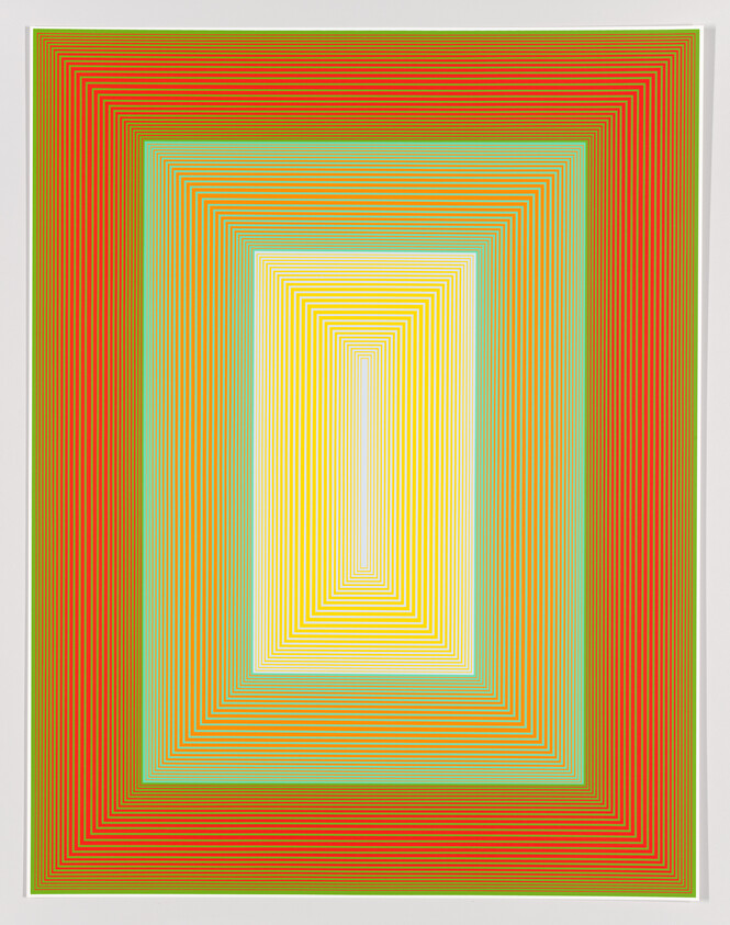 Concentric rectangular lines in yellow, green, orange, and red create a glowing geometric tunnel effect.