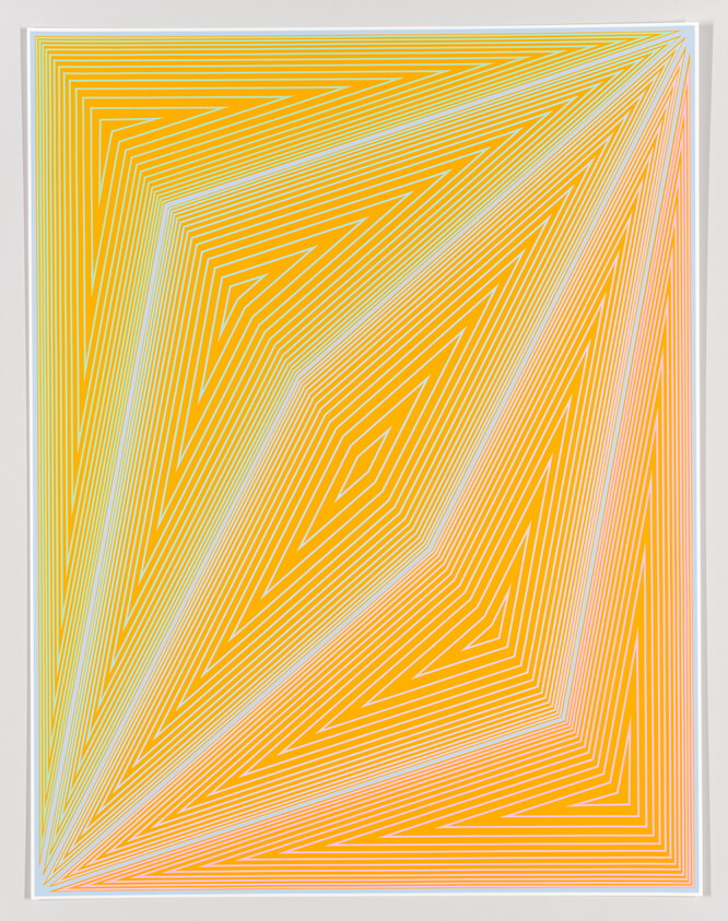 Concentric angled white lines create layered diamond shapes over a warm orange-yellow gradient background.