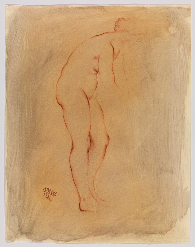 Nude woman standing and leaning forward, sketched in red chalk on beige paper.