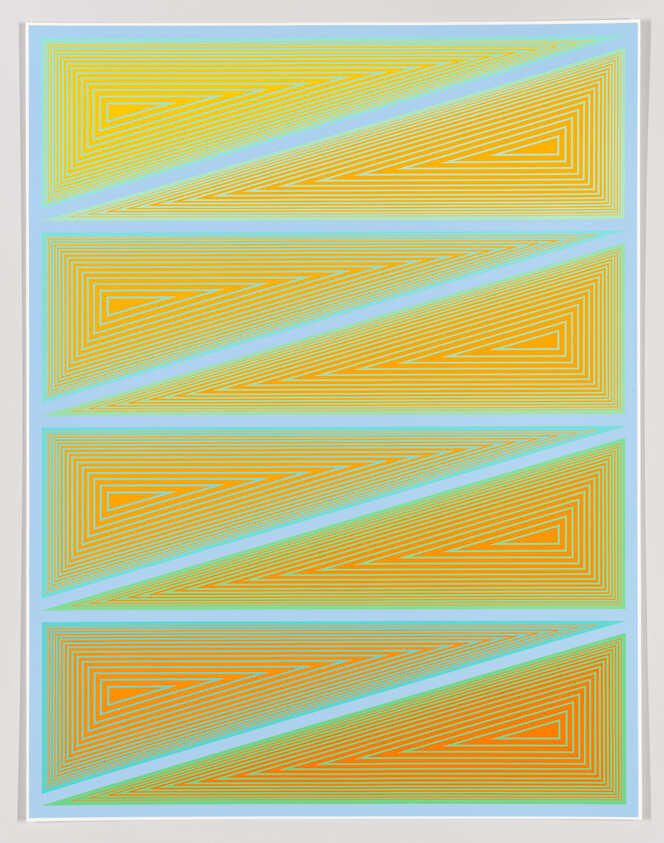 Four horizontal panels with nested orange triangular lines intersected by a diagonal pale blue band.