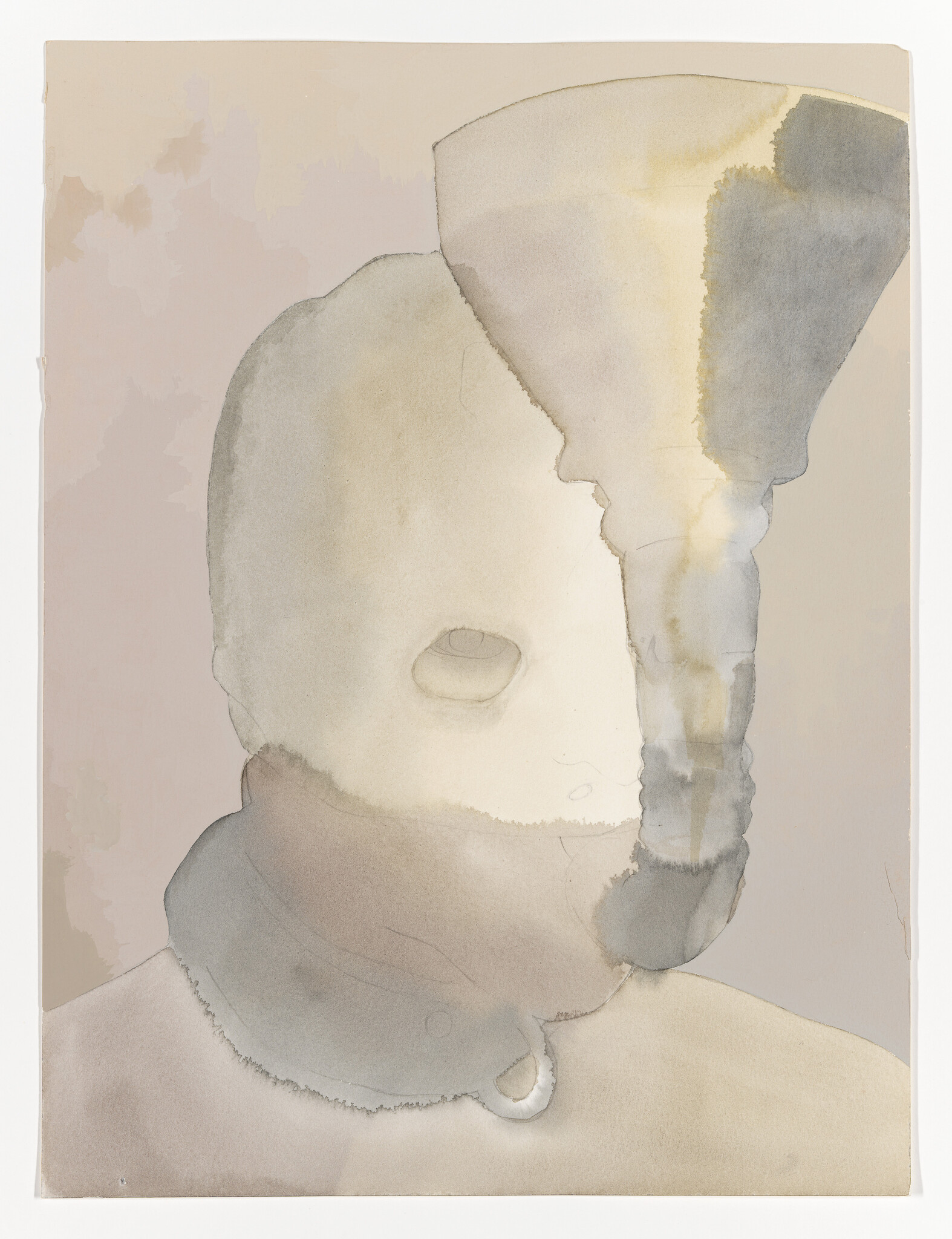 A muted watercolor portrait of a head with a hollow eye and a large funnel-like shape above.