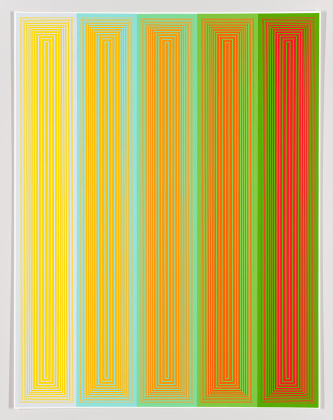 Five tall colorful panels show nested rectangular lines forming a gradient from yellow to red.