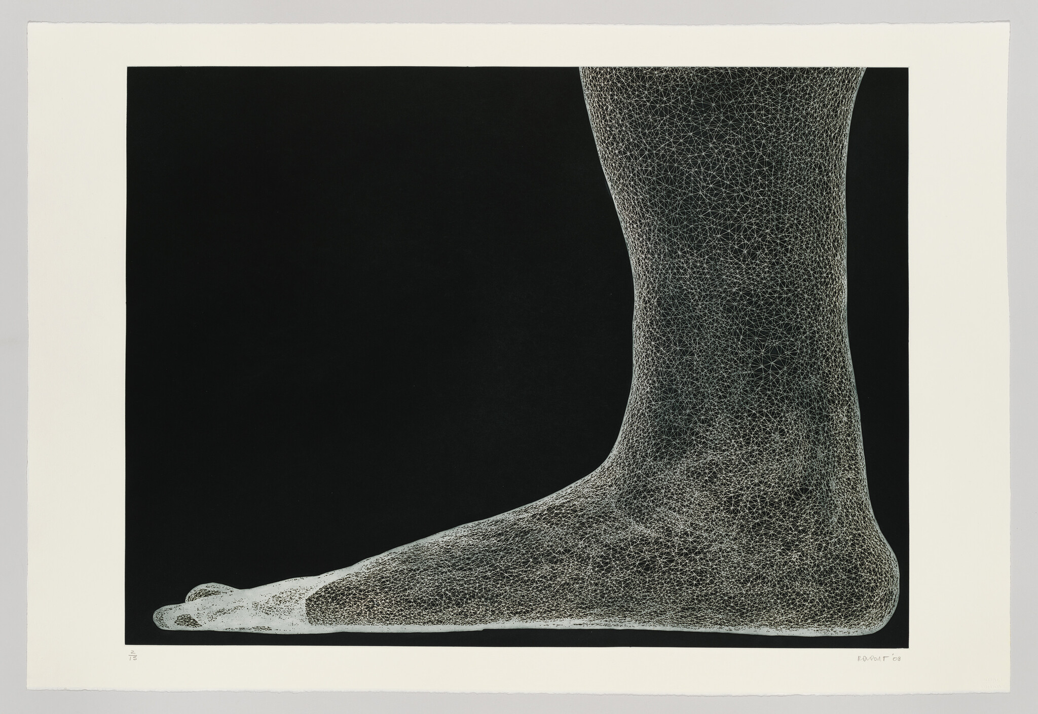 A large side view of a human foot and ankle made of white web-like lines on black.