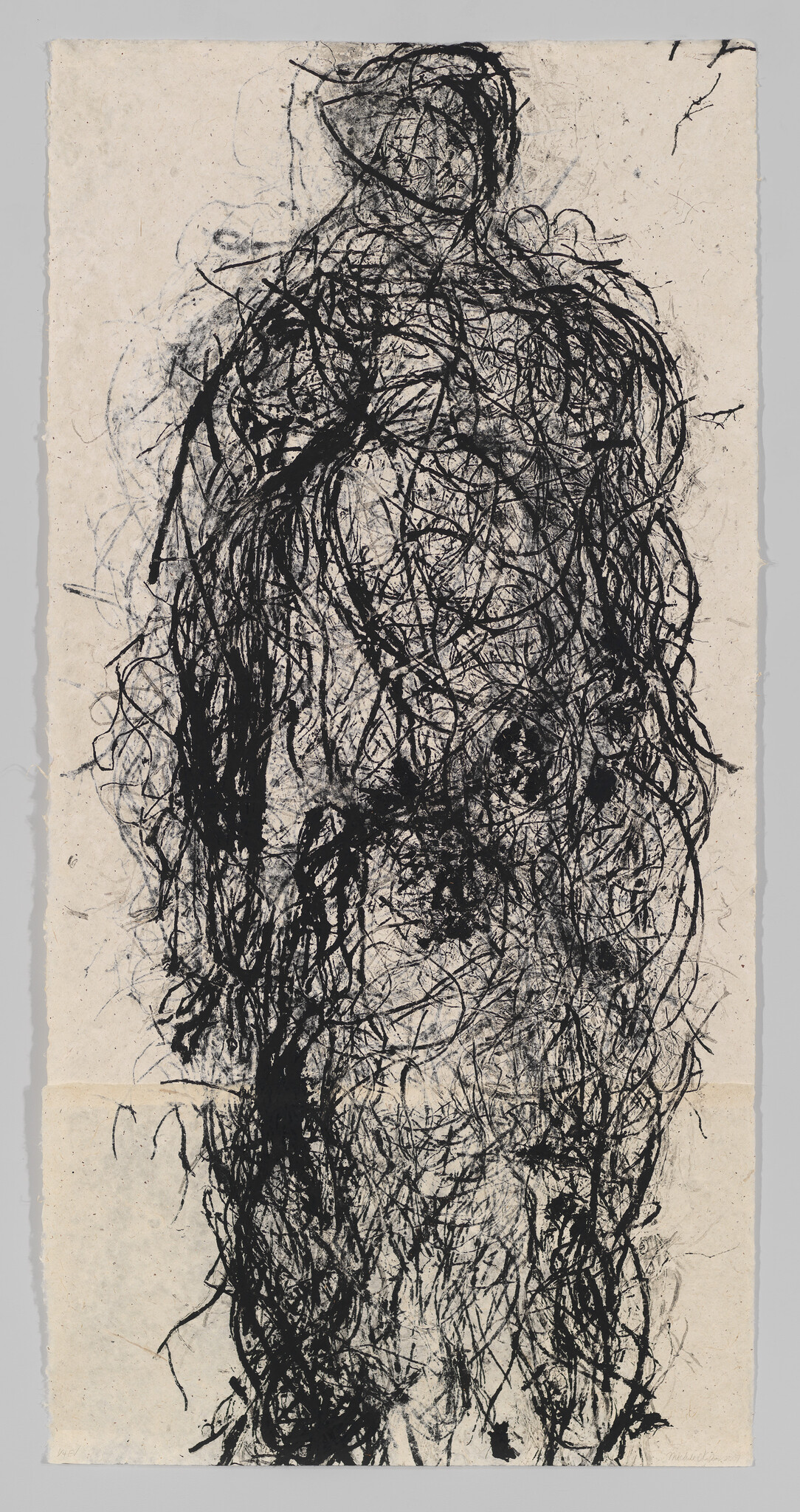 A full-length standing human figure rendered in dense, tangled black scribbles on paper.