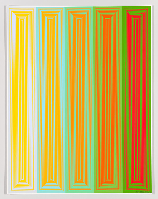 Five tall vertical panels of nested rectangles shift in color from yellow through green to red.
