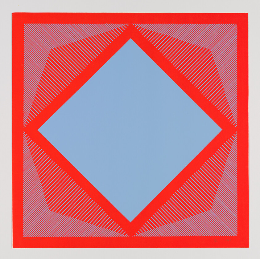 A blue diamond sits centered inside a red square border with diagonal red stripes.