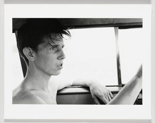 A shirtless young man sits in a car window, looking ahead with his arm resting on the door.