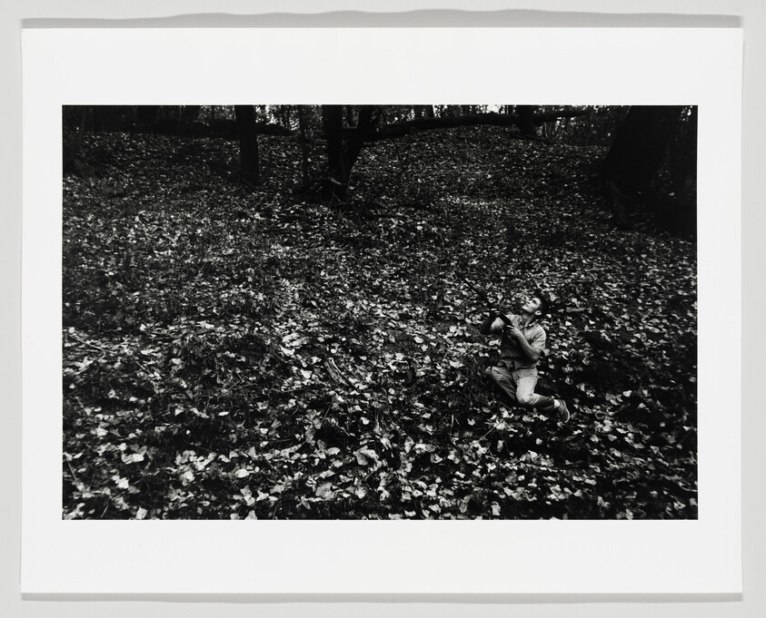 Child kneels among fallen leaves in a forest looking upward while holding binoculars.