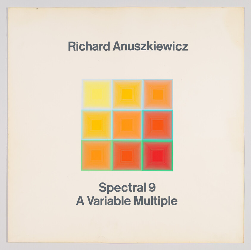 A 3x3 grid of brightly colored concentric squares titled "Spectral 9 A Variable Multiple" by Richard Anuszkiewicz.