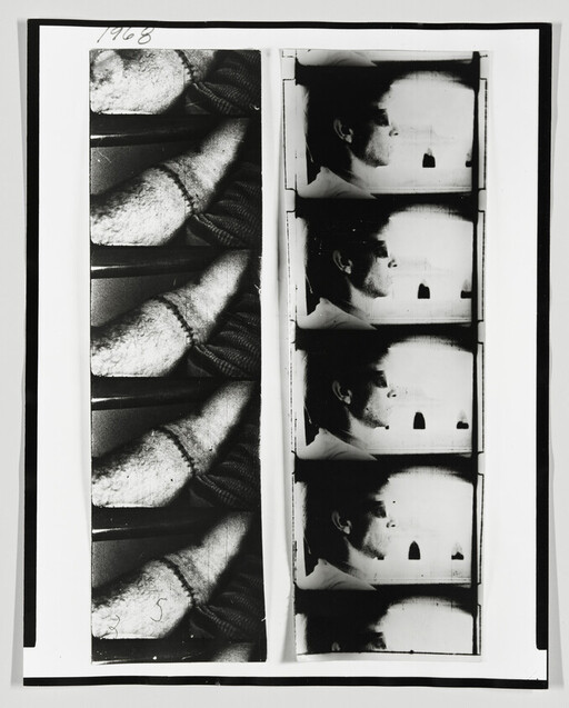 Two vertical film strips show repeated close-up of a leg and sequential profile shots of a man's face.