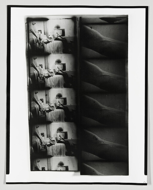 Film contact sheet showing repeated black-and-white frames of a person sitting on a bed and reclining legs.