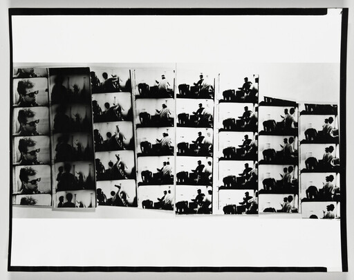 Contact sheet showing rows of black-and-white film frames of a man and two people interacting.