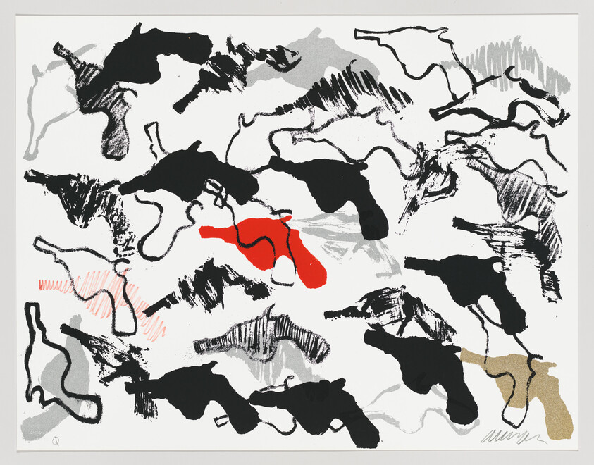 Abstract composition of black and gray brush shapes with a central red blotch and scribbled lines.