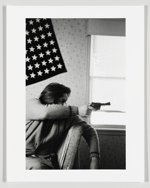 A person sitting in a chair aims a revolver across a room beneath an American flag.