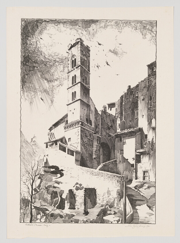 A tall stone bell tower rises above ruined medieval buildings and winding stairs.