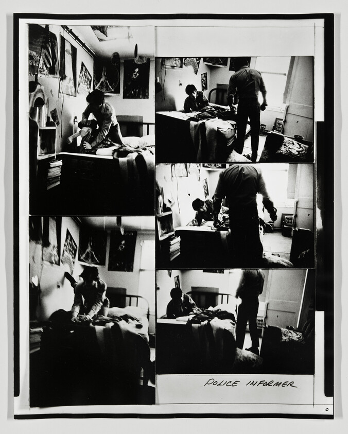 A series of black-and-white photos showing a police officer questioning a person in a bedroom, labeled "Police Informer."