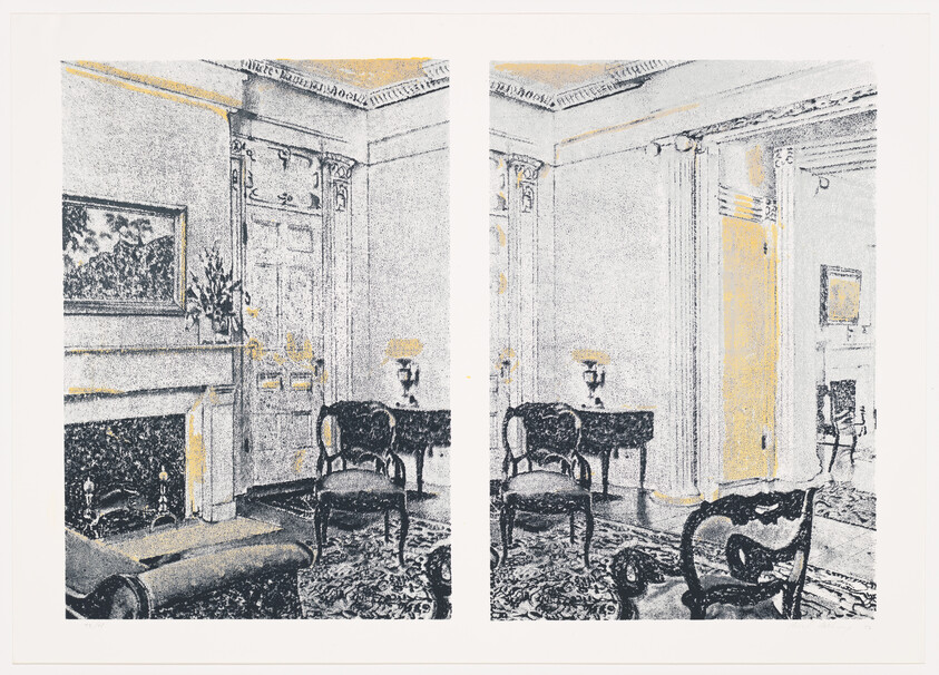 Two-panel illustration of an elegant sitting room with chairs, a fireplace, rug, and doorway.