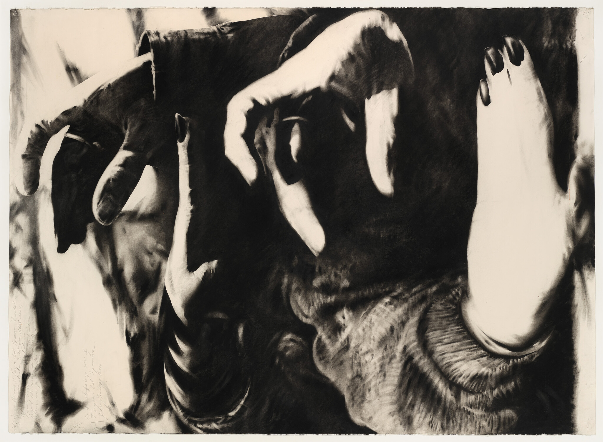 A close-up of hands with dark nails reaching and covering a face in dramatic light.