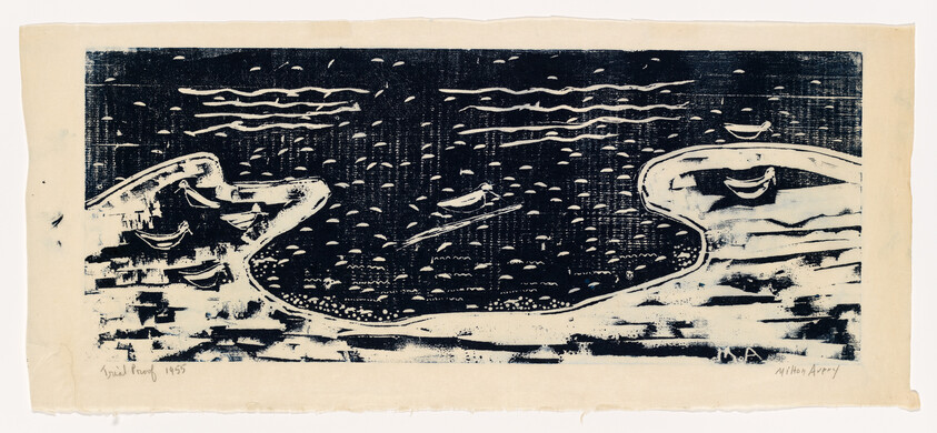 Two large stylized faces frame a small boat on a speckled night sea.