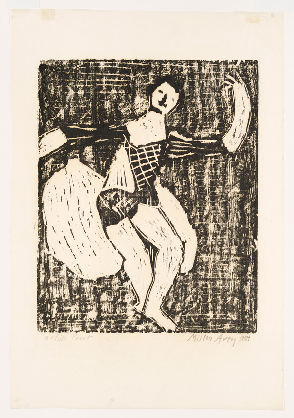 A stylized black-and-white print of a dancer mid-twirl with arms raised.