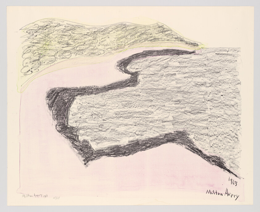 Large abstract gray and black shoreline shape with pale pink foreground and green textured top.