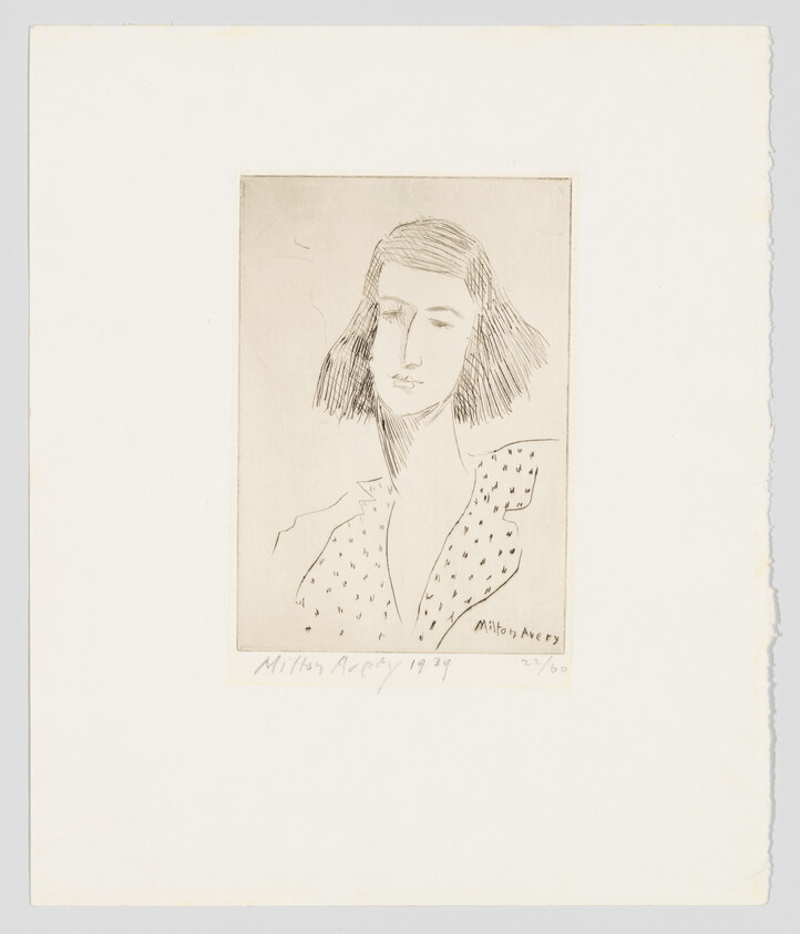 A simple line drawing of a woman with short hair wearing a patterned blouse.