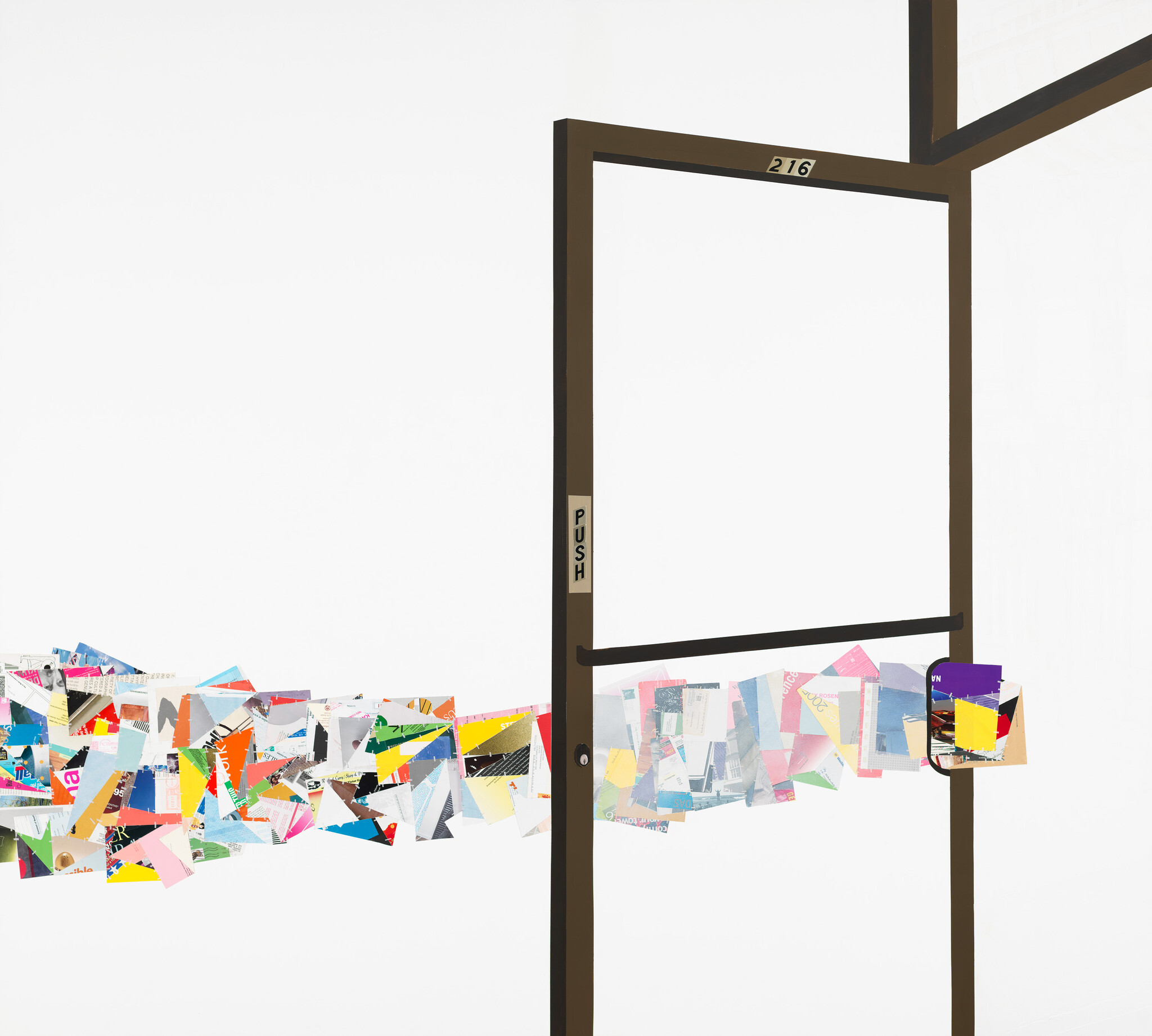 Brown door frame labeled 216 with a "PUSH" sign and colorful paper collage flowing through.