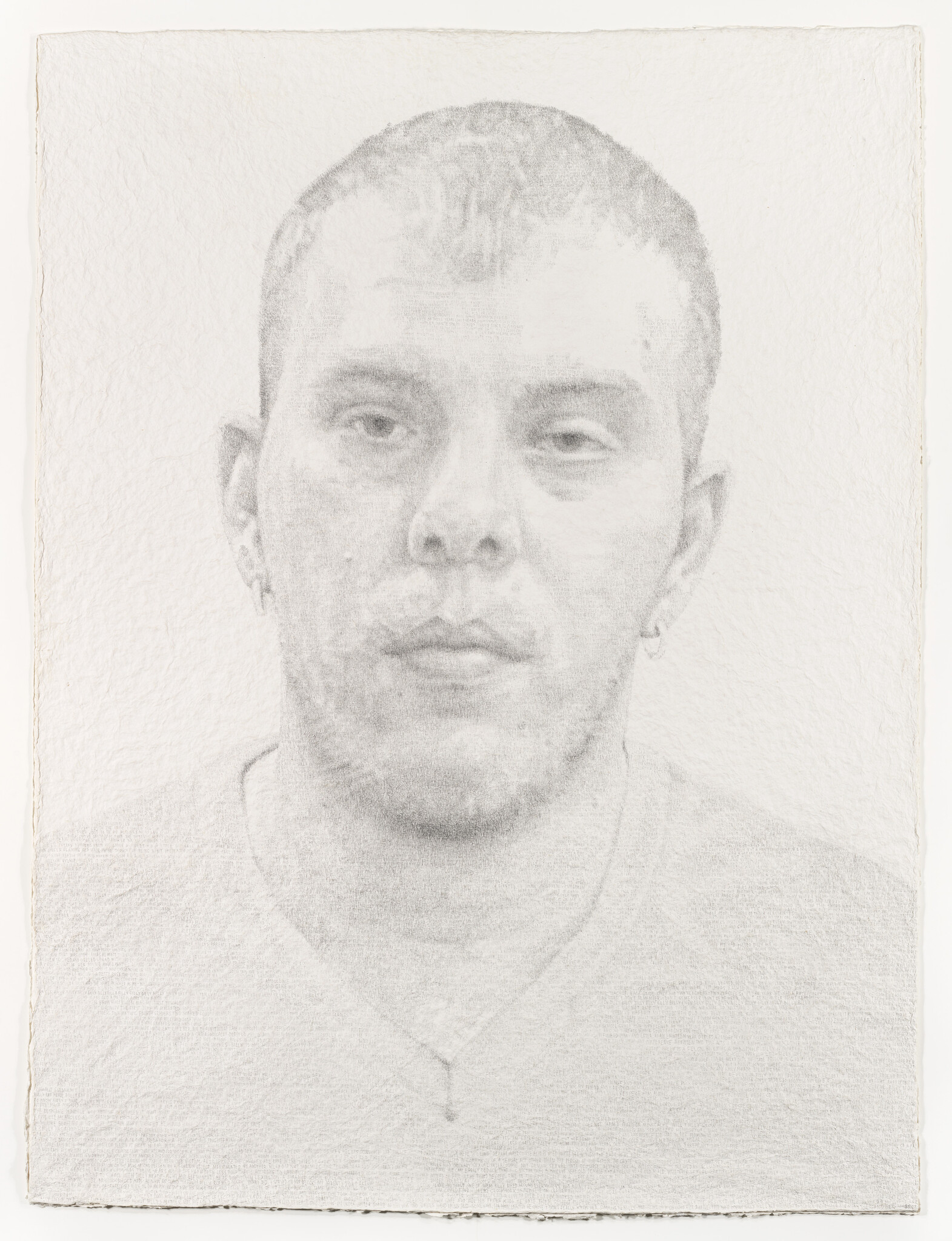 A faded pencil portrait of a young person with short hair, neutral expression, hoop earrings, and a necklace.