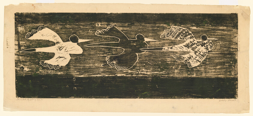 Three stylized birds fly side by side across a dark textured rectangular background.