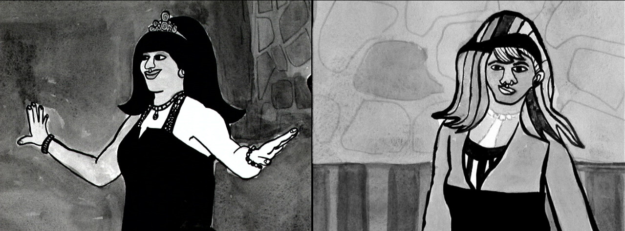 Two women in dresses, one dancing with arms outstretched and the other standing nearby.