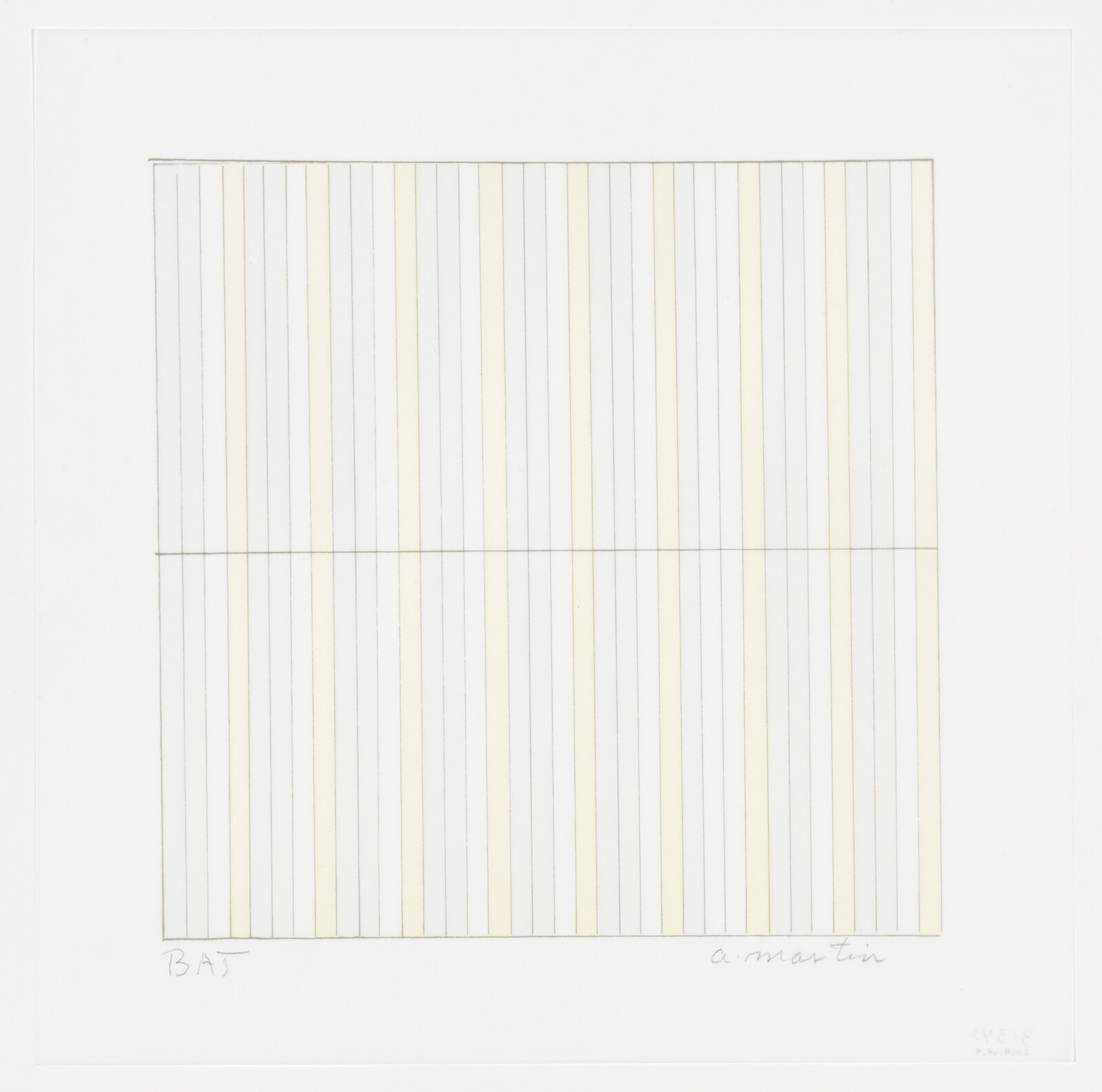 Square composition of evenly spaced vertical lines with faint yellow stripes divided horizontally in the middle.