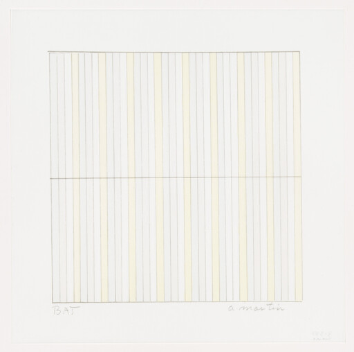 Square composition of evenly spaced vertical lines with faint yellow stripes divided horizontally in the middle.