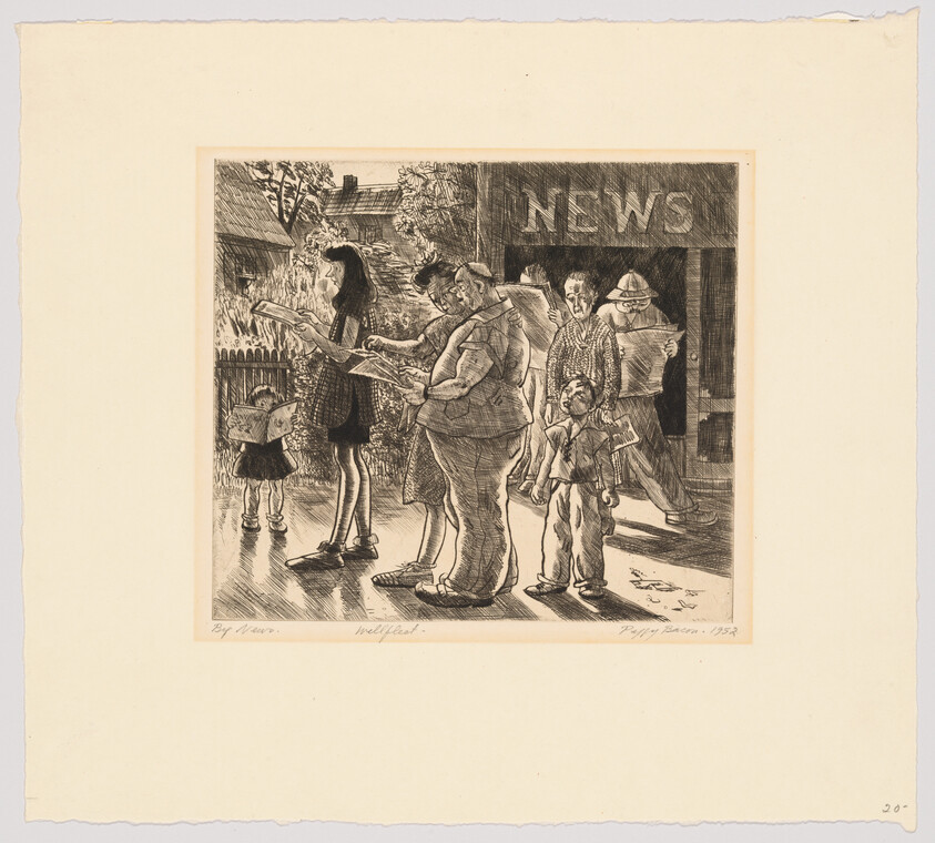 Several people of different ages stand reading newspapers outside a building labeled NEWS.