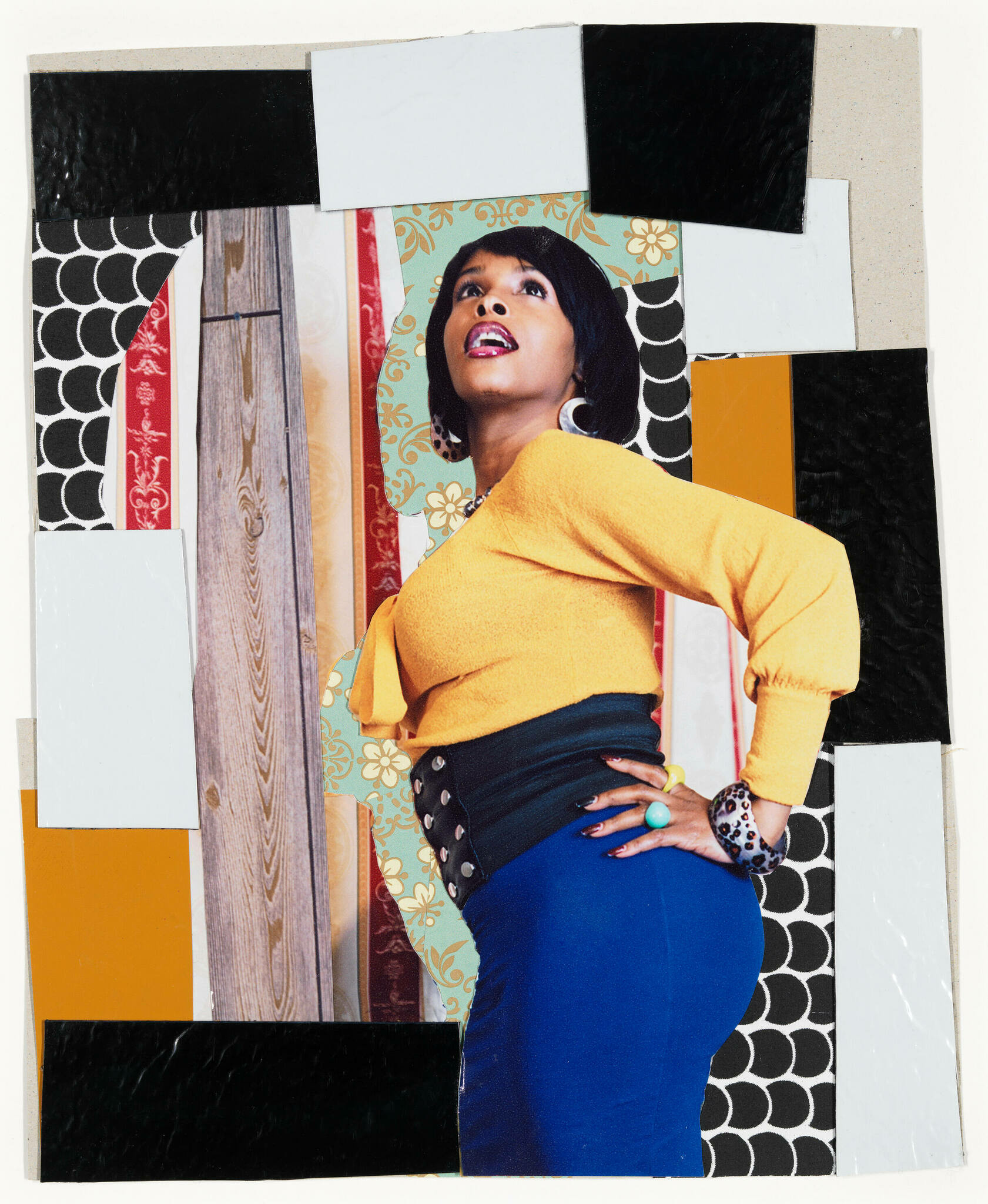 A photo of a Black woman centered on top of various forms of printed and solid collaged paper.