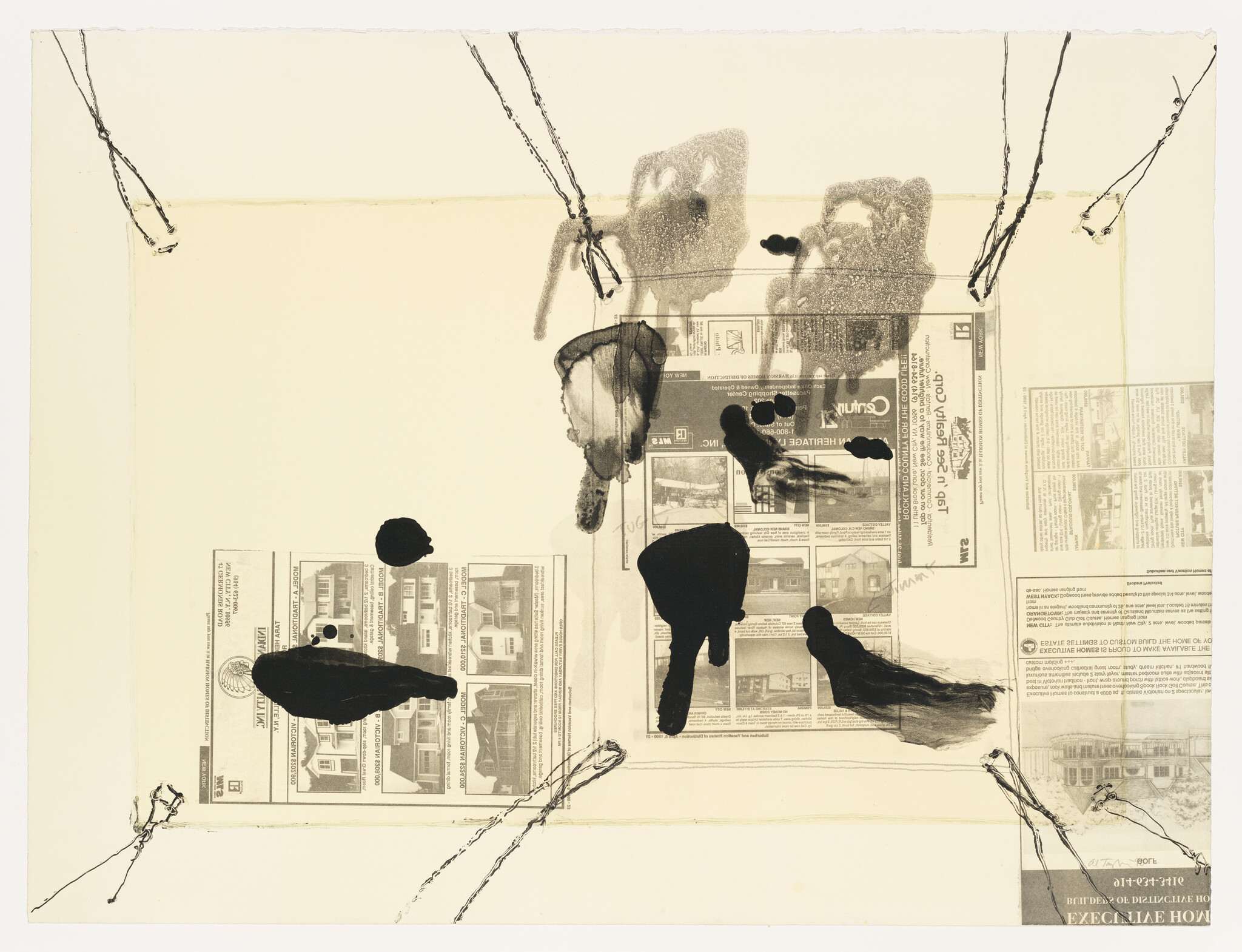 An abstract mixed media artwork featuring newspaper clippings laid out on a cream background. The clippings are overlaid with black inkblot-like shapes and smudges. Strings appear to be drawn or printed, creating a border around the composition, with some intersecting lines and knots. The overall effect is chaotic and layered, with a sense of depth created by the overlapping elements.