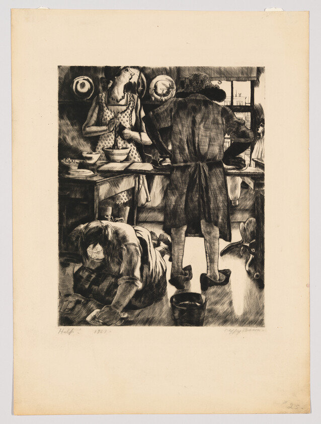 Woman scrubbing the floor while others prepare food at a crowded kitchen table.