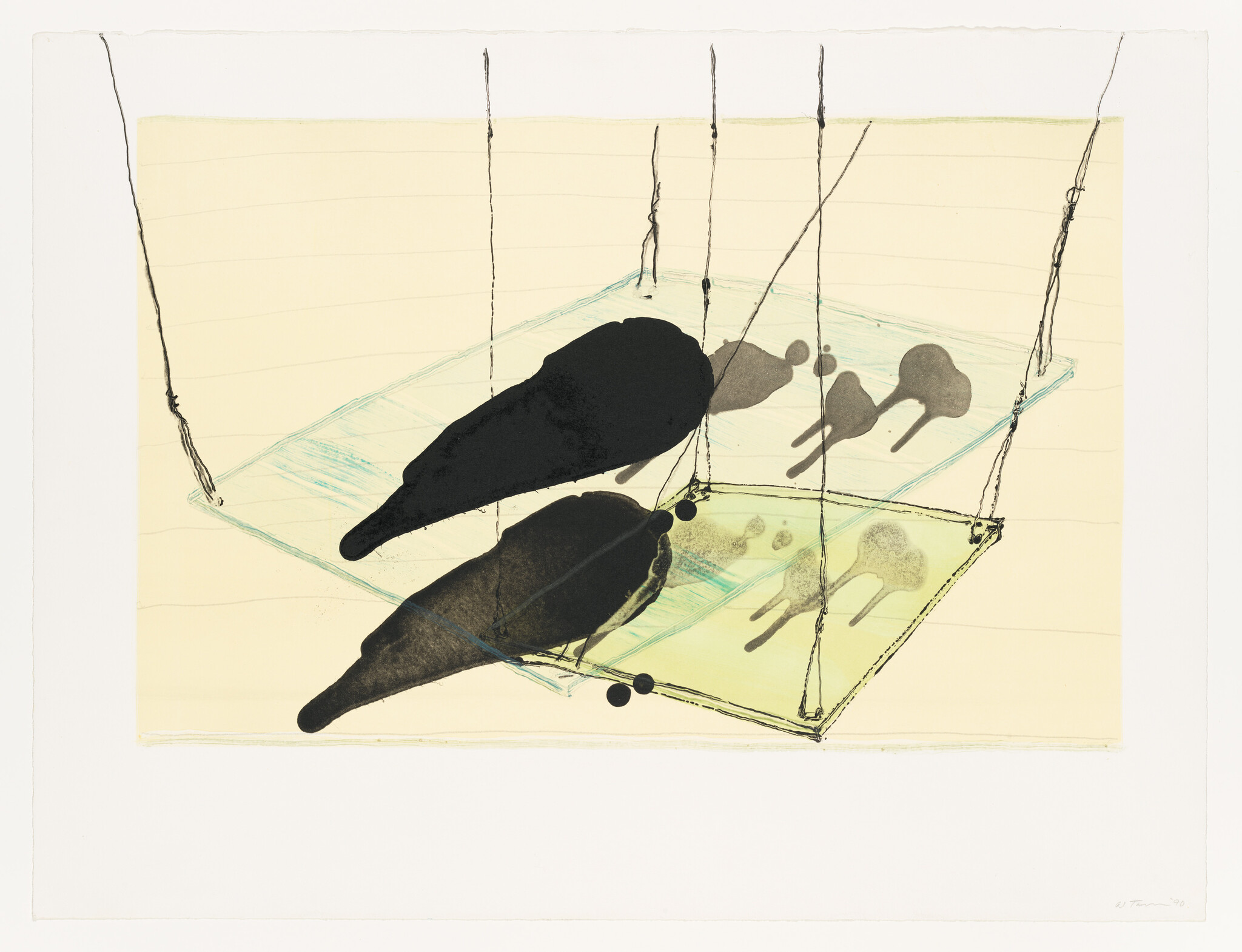 Two dark bird-like shapes rest on suspended glass platforms casting soft reflections below.